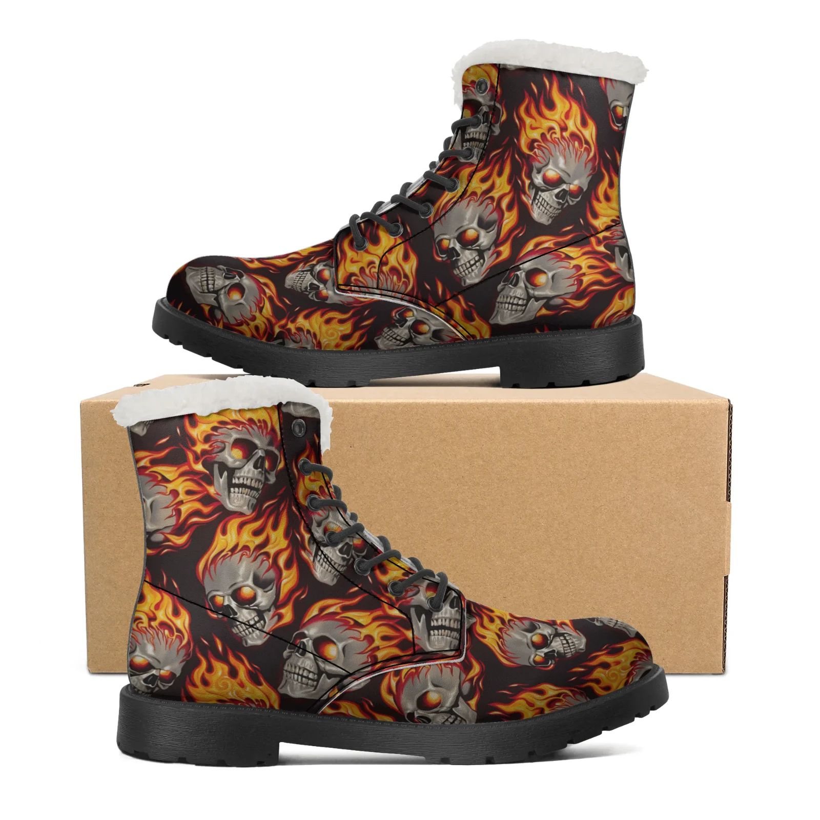 Men Shoes Eu To Us - Fire Skull Patterns Snow Boots for